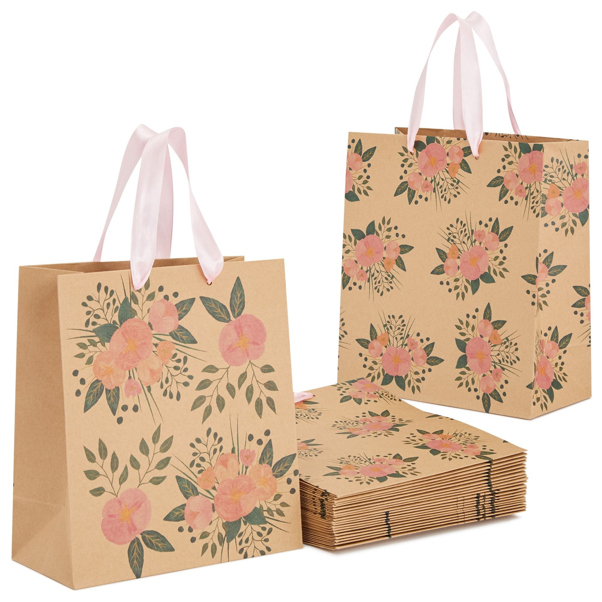 24 Pack Reusable Kraft Paper Floral Gift Bags with Pink Ribbon Handles
