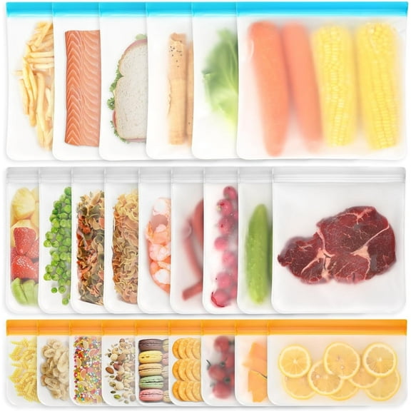 24 Pack Reusable Storage Bags, Dishwasher SafeSilicone Food Storage Bags with 3 Sizes for Marinate Meats, Sandwich, Snack, Cereal, Travel Item