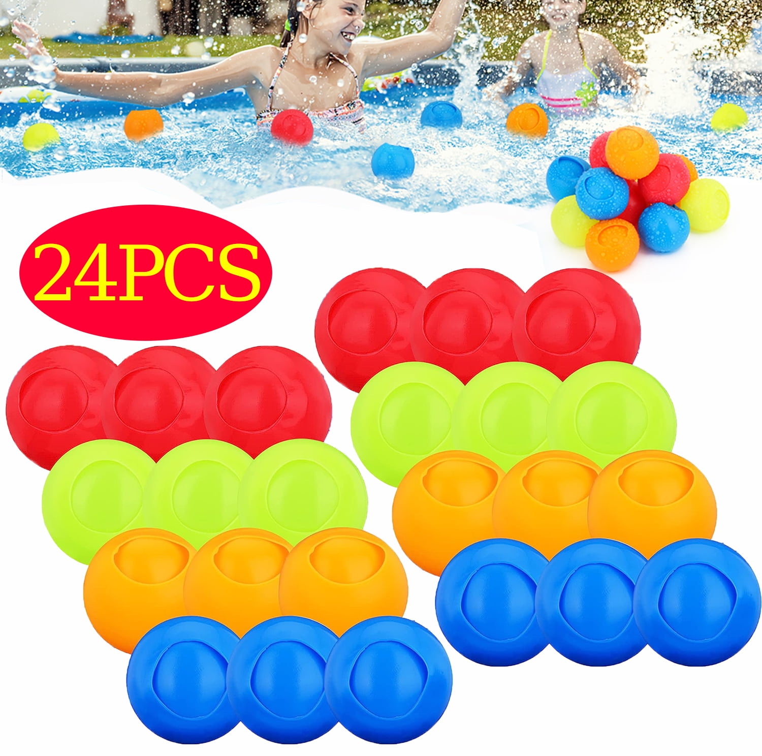 24 Pack Reusable Water Balloons, Refillable Quick Fill, Splash Balls