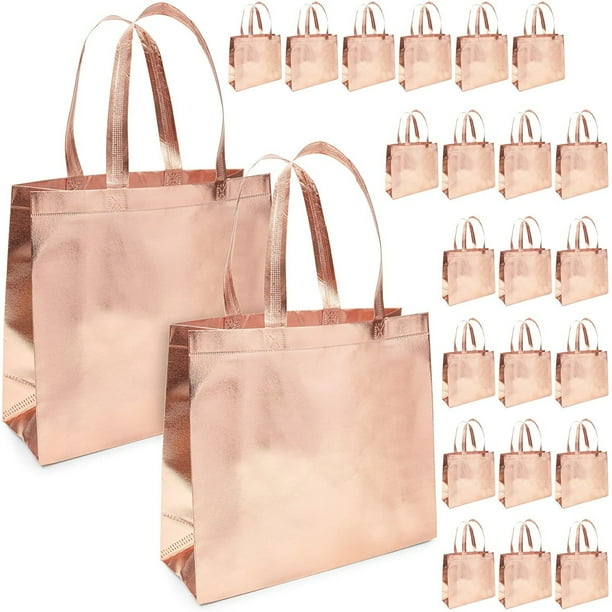 24 Pack Rose Gold Gift Bags with Handles, Large NonWoven Reusable Grocery Tote Bags (13.8 x 11.