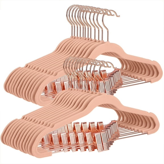 24-Pack Rose Gold Velvet Hangers with Adjustable Clips, 16.7 Inch Non-Slip Space Saving Hangers for Pants, Dresses, Skirts, Light Pink