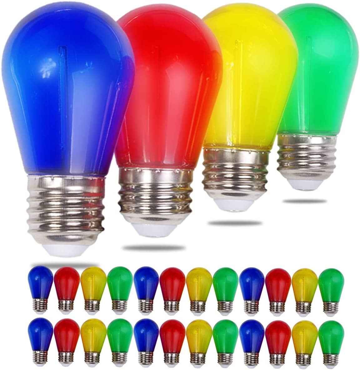 24-Pack S14 Colored LED String Light Bulbs Replacement, E26 Base 1W Plastic Shatterproof Waterproof, Christmas Light Bulb Red, Green, Yellow, Blue - Walmart.com 24-Pack S14 Colored LED String Light Bulbs Replacement, E26 Base 1W Plastic Shatterproof Waterproof, Christmas Light Bulb Red, Green, Yellow, Blue - Walmart.com