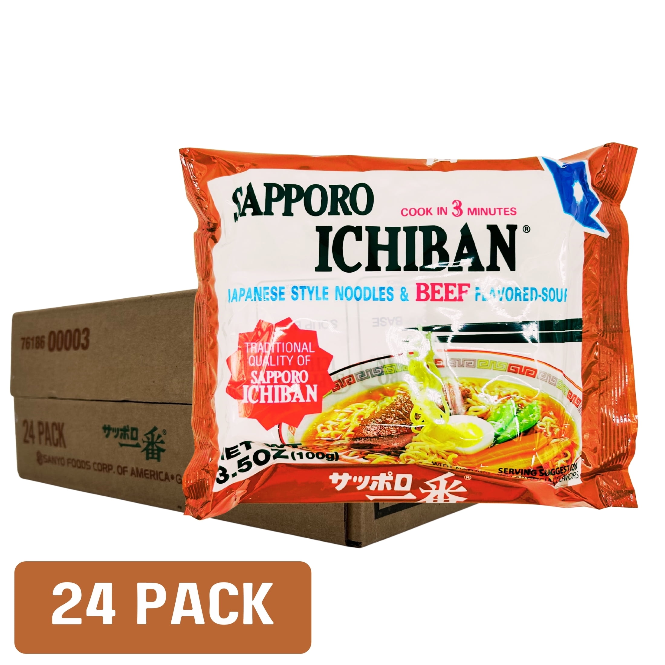 Sapporo Ichiban Beef Flavored Soup Instant Ramen, 3.5 oz, 24 pack