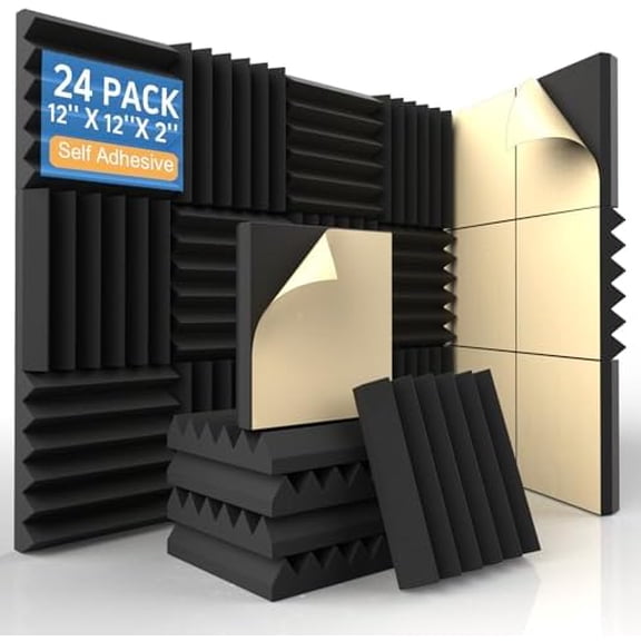 24 Pack Self-Adhesive Acoustic Foam Panels, 12 x 12 x 2 Inches High Density Wedge Sound Proof Foam Panels for Walls, Fire Resistant Soundproof Wall Panels for Home Office & Studio (Black)$$Music