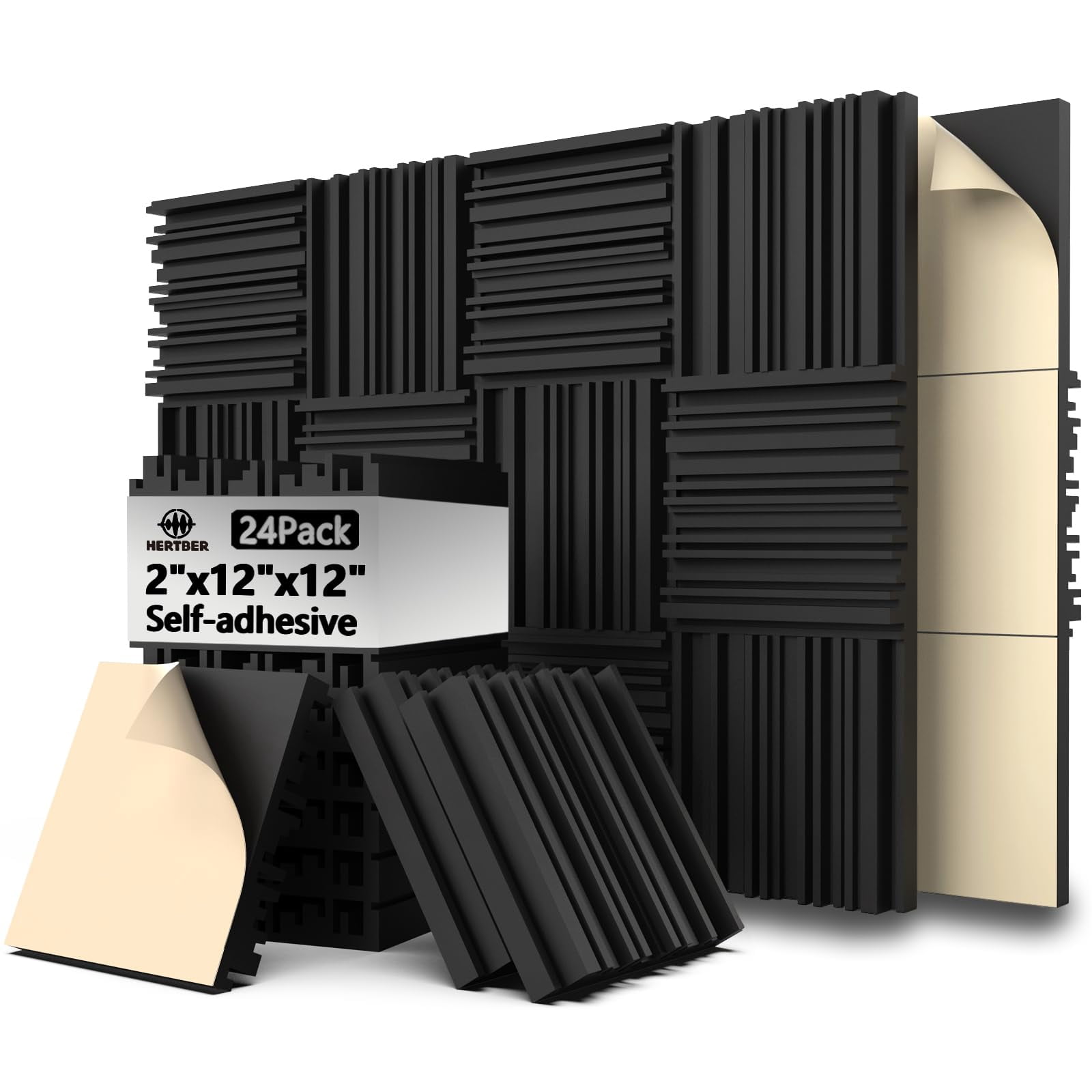 24 Pack Self-Adhesive Acoustic Foam Panels for Walls, 12x12x2 Inch High ...