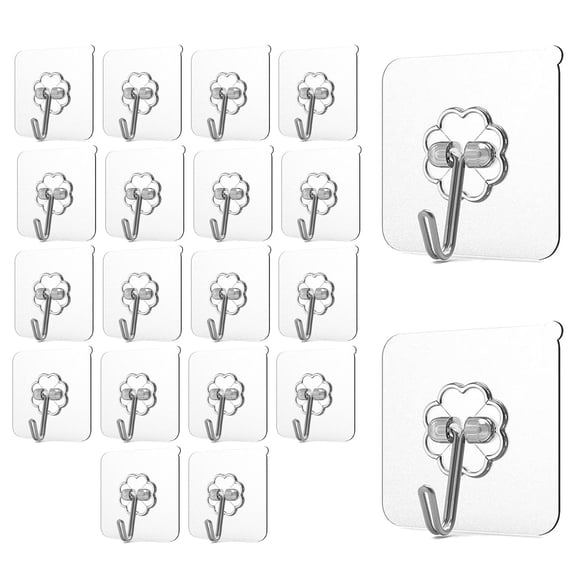 24 Pack Self Adhesive Hooks Heavy Duty - 33lb Max, Transparent, Waterproof, Sticky Wall Hooks for Keys, Bathroom, Shower, Outdoor, Kitchen, Door, Home Improvement, Utility