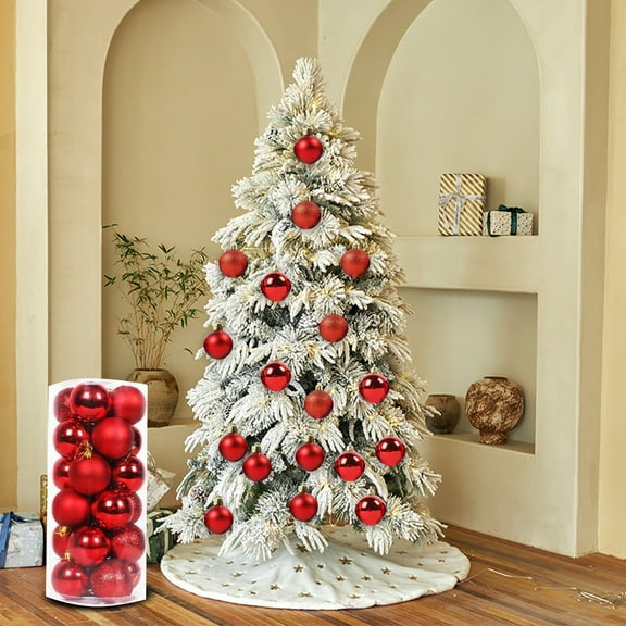 24-Pack Shatterproof Christmas Ball Ornaments - 40mm Red Plastic Baubles (Shiny/Matte/Glitter) for Christmas Tree Holiday Decor