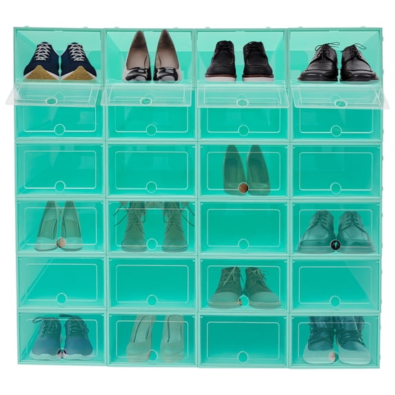 24 Pack Shoe Boxes,Stackable Clear Shoe Boxes Flip Lid Shoe Boxes Boot Storage Organizer Shoe Cabinet & Shoe Cupboard for Homes, Cloakrooms for Storing Flats, Slippers, Casual Shoes (Green)