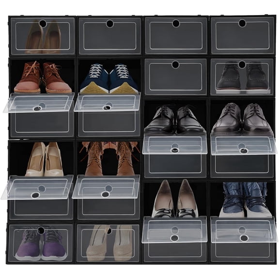 24 Pack Shoe Boxes Stackable Shoe Boxes Clear Flip Lid Shoe Boxes Boot Storage Organizer for Homes, Cloakrooms, and More for Storing Flats, Slippers, Casual Shoes(Black)