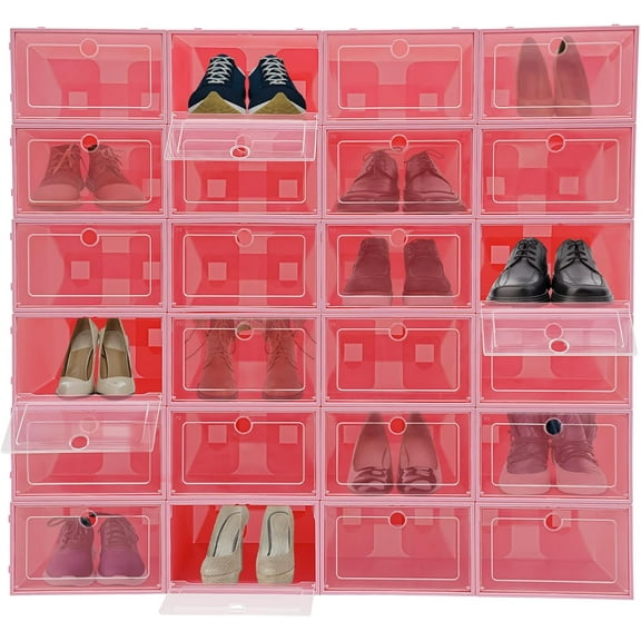 24 Pack Shoe Boxes Stackable Shoe Boxes Clear Flip Lid Shoe Boxes Boot Storage Organizer for Homes, Cloakrooms, and More for Storing Flats, Slippers, Casual Shoes(Pink)