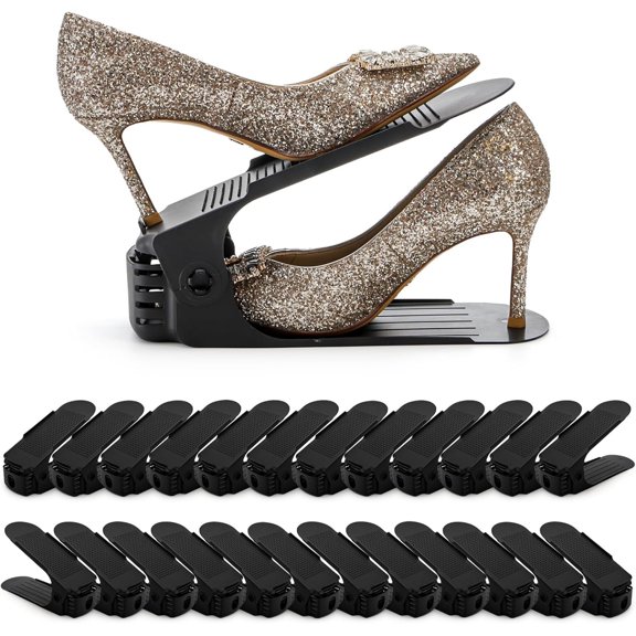 24 Pack Shoe Slots Organizer, Adjustable 4 Levels Shoe Stackers, Double Deck Shoe Storage Holder, 50% Space Savers Rack, Thickening Plastic Shoes Riser for Closet Entryway Organization, Black