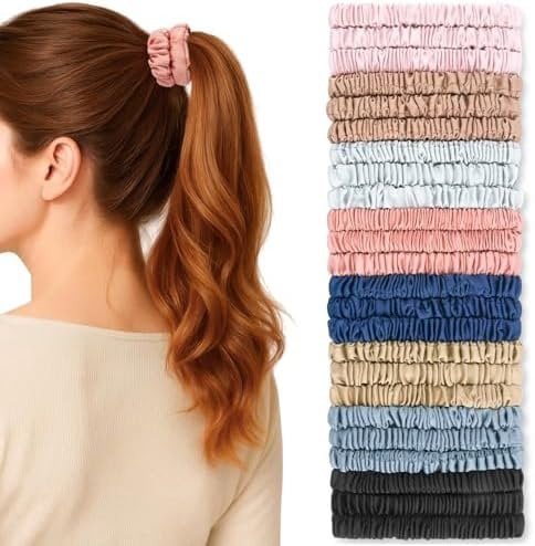 24 Pack Silky Soft Hair Ties, Silk-Like Skinny Scrunchies No  Elastic Ponytail Holders for Curly, Thick or Thin Hair, Women and Girls