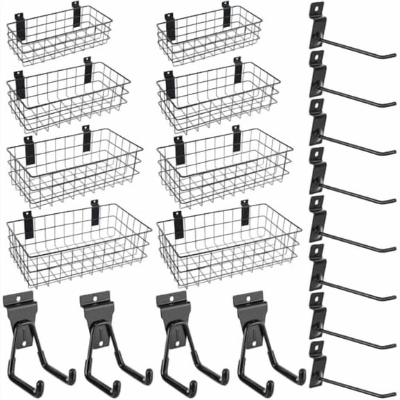 24 Pack Slatwall Accessories Set, Includes 8 Pack 4 Sizes Slat Wall Baskets and 16 Pcs Slatwall Hooks for Garage Room Workshop Shop Organizing Display$$Furniture