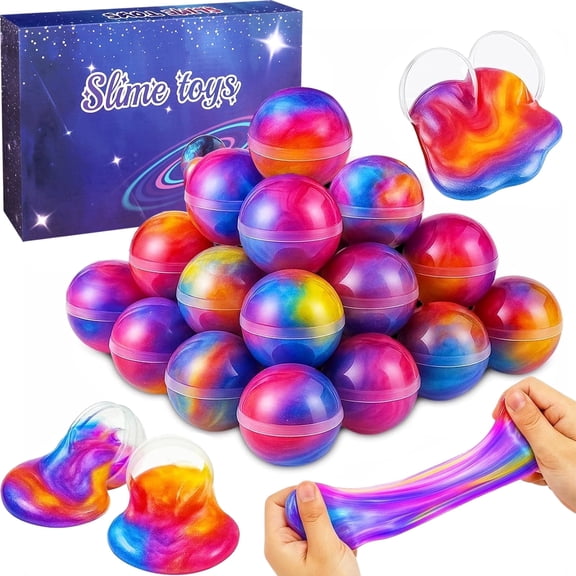 KiddiTouch 24 Pack Galaxy Slime Balls Sensory Toys Prefilled Easter Eggs for Basket Stuffers, Soft Stretchy and Non Sticky