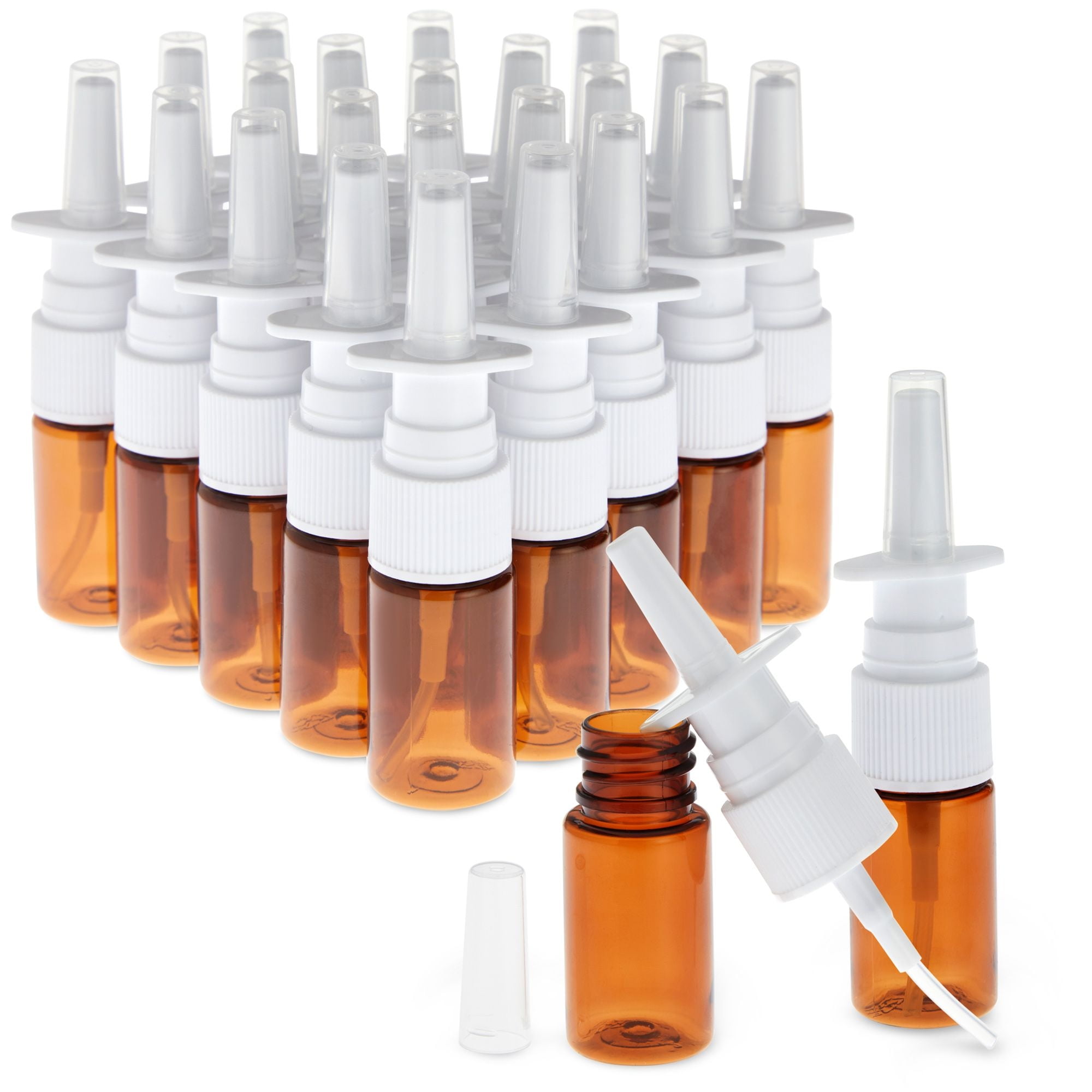 24-Pack Small Empty Nasal Spray Bottles for Nose - 10ml/0.35 oz Bulk Plastic Refillable Amber Mist Sprayers for Travel