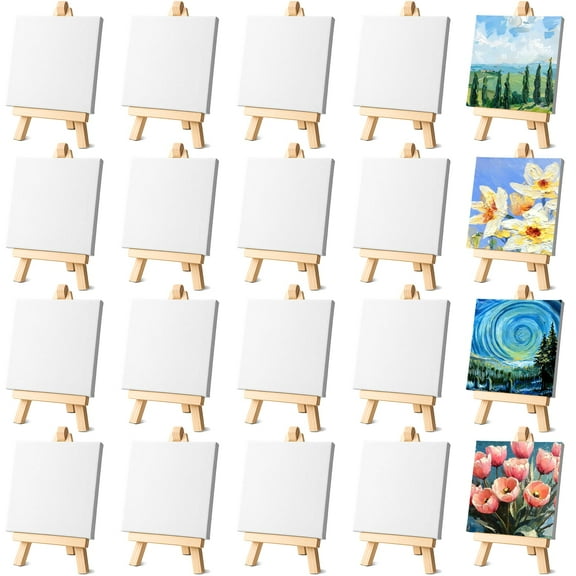 24 Pack Small Painting Canvas with Mini Easel, 4 x 4 Inch Mini Canvases with Easel Sets Art Canvases Painting Kit with Wood Display Easels for Adults & Kids Party Classroom Crafts