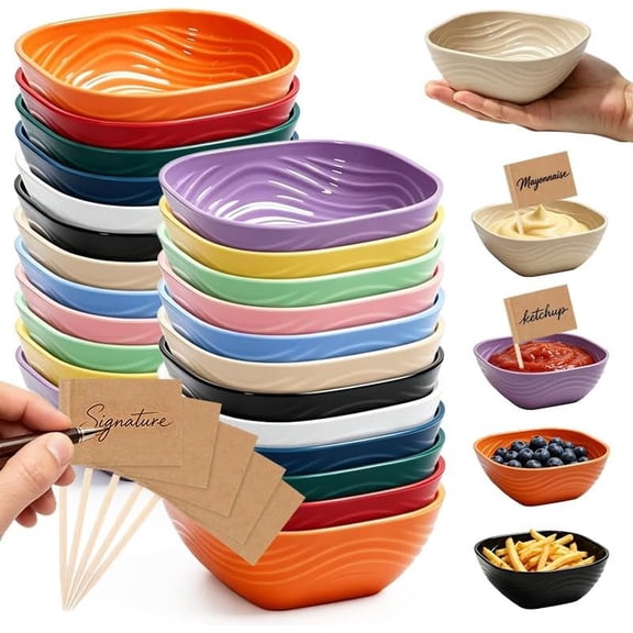24 Pack Small Plastic Dipping Bowls, Unbreakable & Lightweight 5 OZ Dip Sauce Cups, Microwave & Dishwasher Safe Mini Prep Bowls for Snacks, Cooking, Party Portions and Kitten Feeding