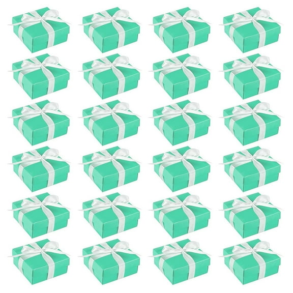 24 Pack Small Teal Gift Boxes with Lids and Silk Ribbon for Presents and Party Favors (3.7 x 3.7 x 1.6 in)