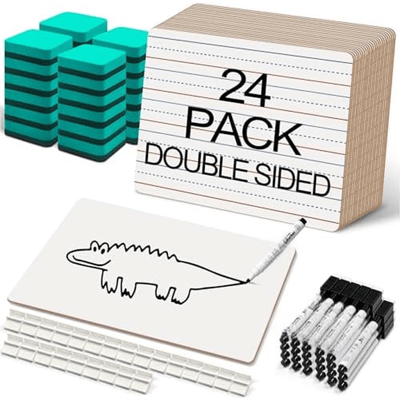 24 Pack Small White Boards, 9"x12" Double Sided Personal Dry Erase Boards Portable Handheld Whiteboards with Lines for Kids, Students, Teacher School, Include 24 Markers, 24 Erasers$$Office