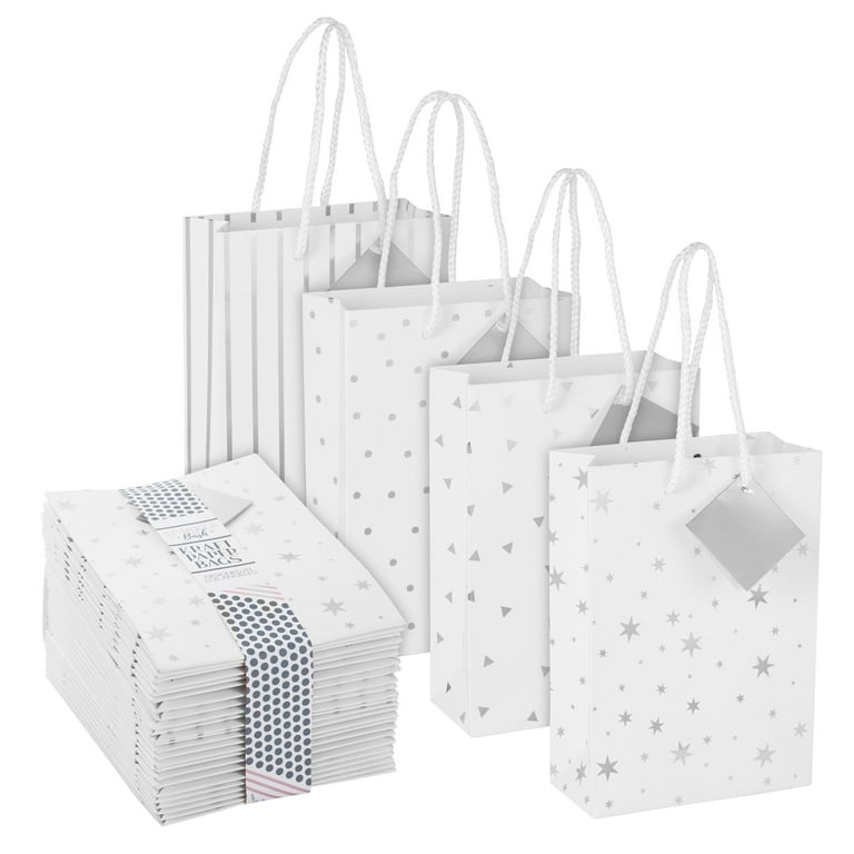 24 Pack Small White Paper Gift Bags with Handles and Tags for Small Business, 4 Silver Foil Designs (7.9 x 5.5 x 2.5 in)