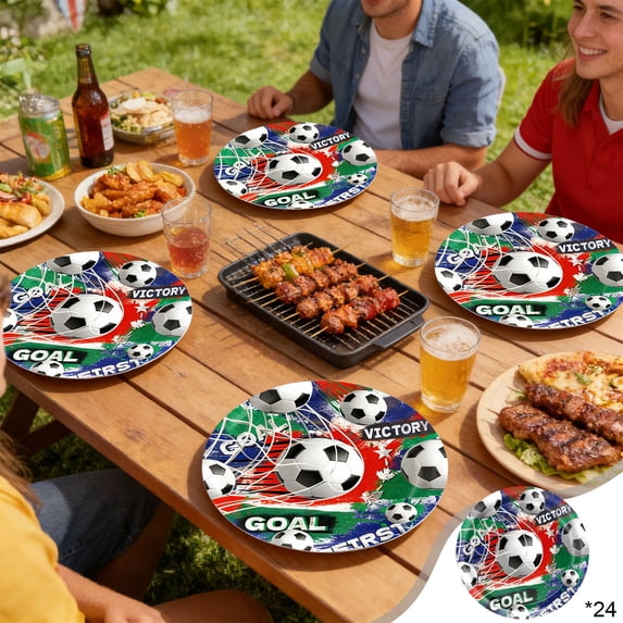 24 Pack Soccer Party Plates 9 Inch Disposable Paper Plates with Soccer Ball Design for World Cup Watch Party Supplies