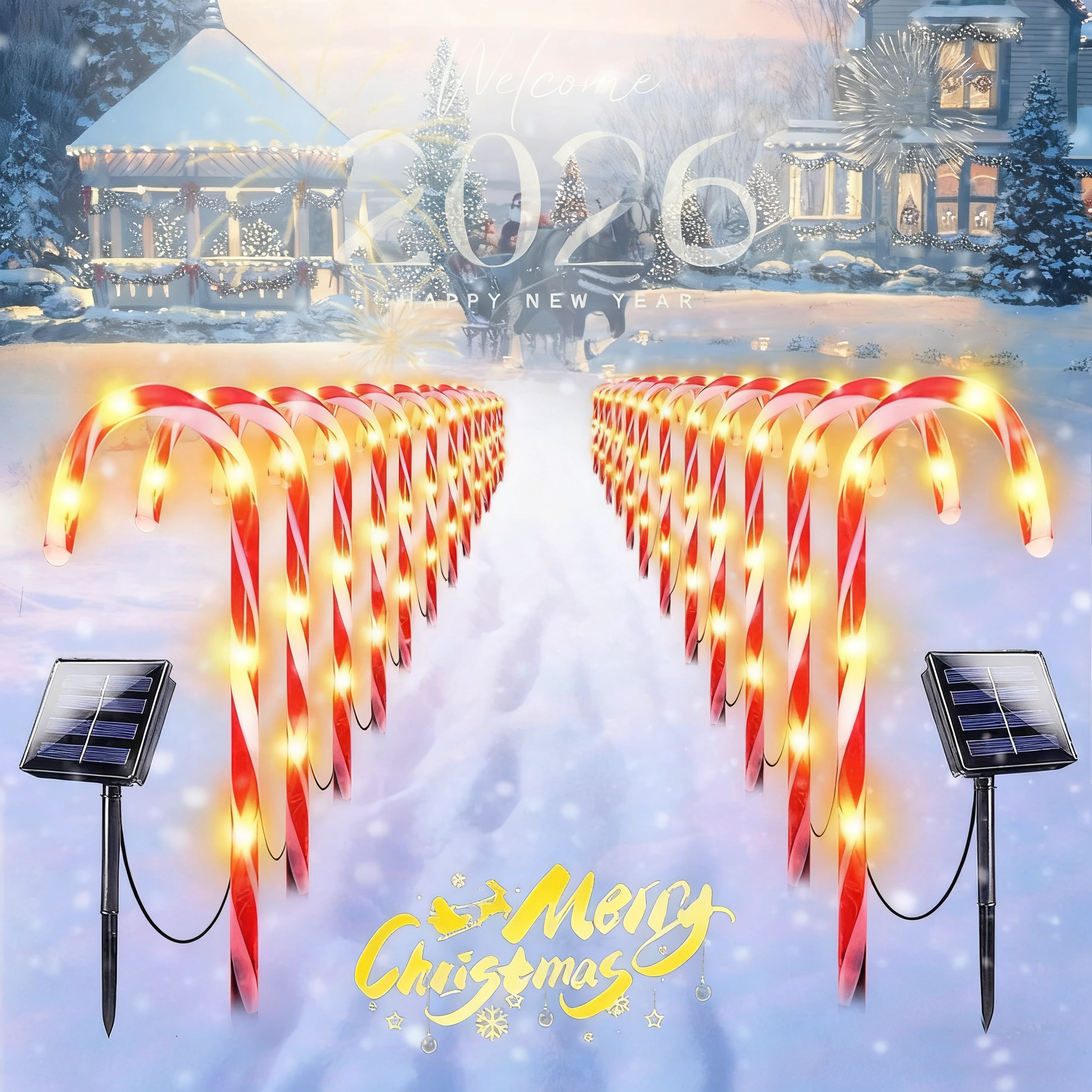 24 Pack Solar Christmas Candy Cane Lights, IP65 Waterproof Pathway Markers with 8 Lighting Modes, Auto On/Off Solar Powered Outdoor Decor for Garden, Patio, Yard