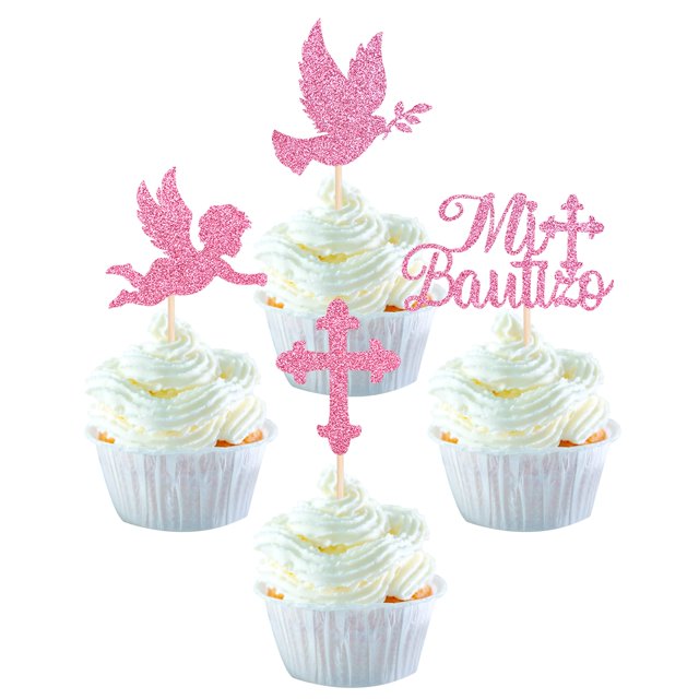 24 Pack Spanish Mi Bautizo Cupcake Toppers with Glitter Cross Angel