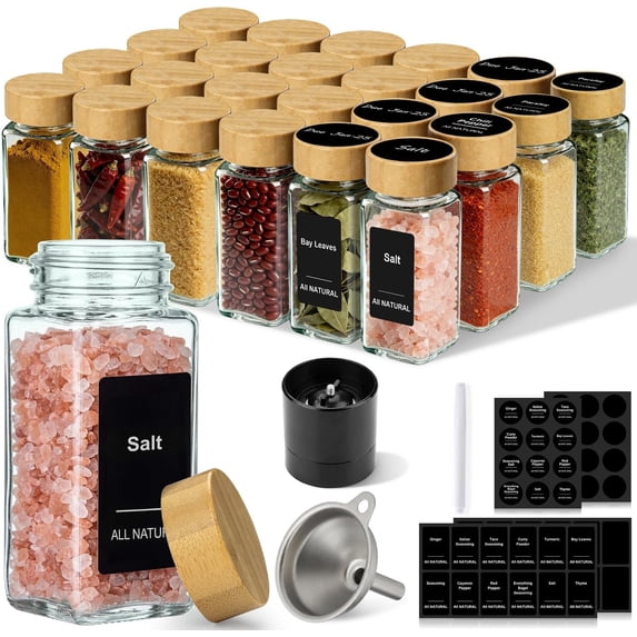 24 Pack Square Glass Spice Jars with Bamboo Lids & Labels, 4oz ...