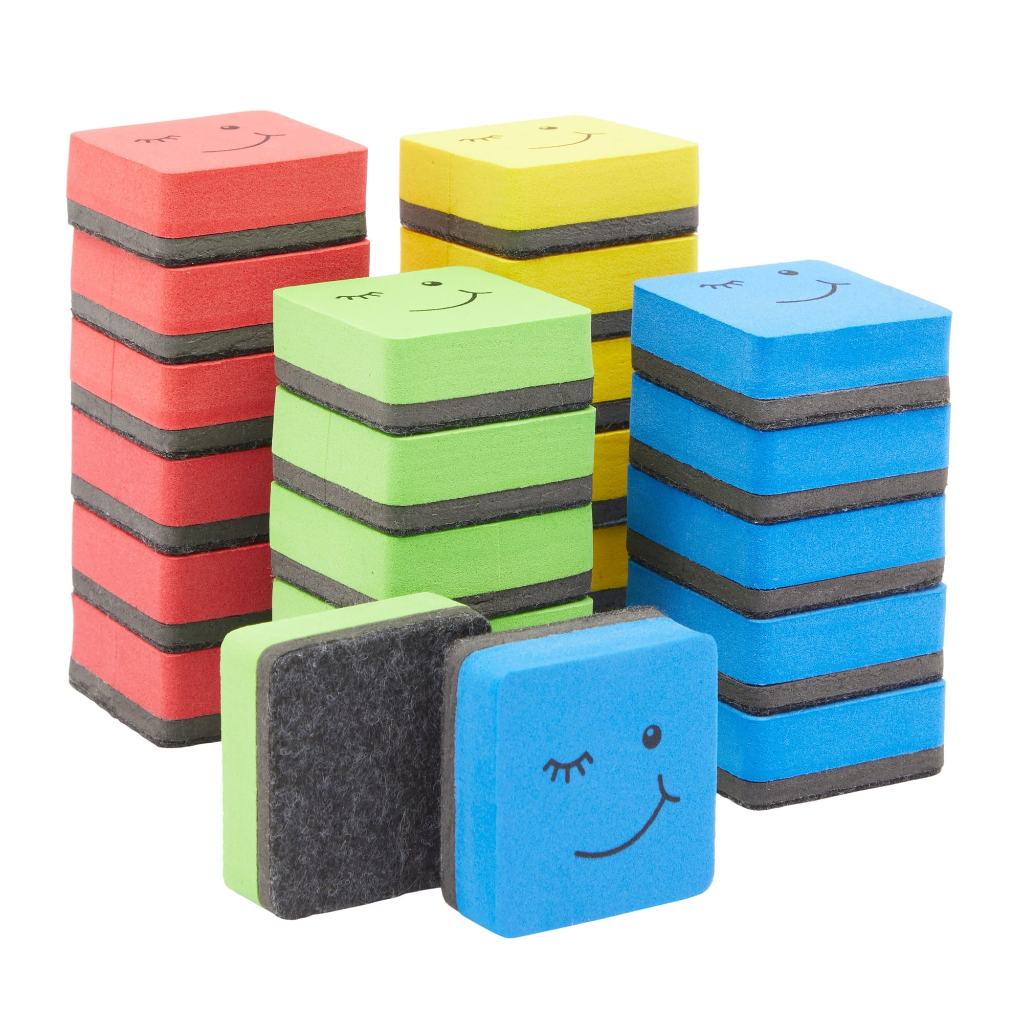 JUVALE 24 Pack Square Magnetic Mini Dry Erase Board Erasers for Teachers, Classroom Whiteboard, Bulk School Supplies, 4 Color Smily Face, 2x0.8 in