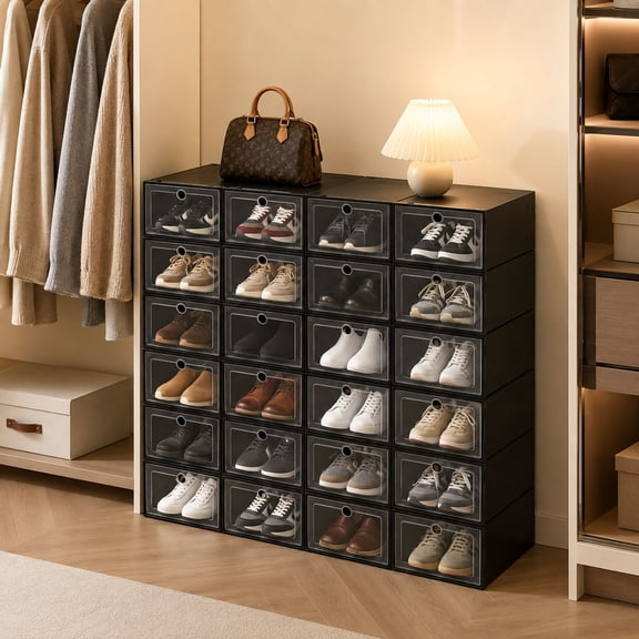 24-Pack Stackable Shoe Boxes, Large Shoe Storage Bins with Clear Lids, Plastic Shoe Organizer for Closet & Dorm Room