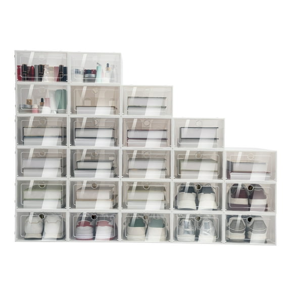 24 Pack Stackable Shoe Boxes with Transparent Front Door, Snap & PP Material Sturdy Design, Multi-Purpose Storage Organizer for Shoes Hats Books