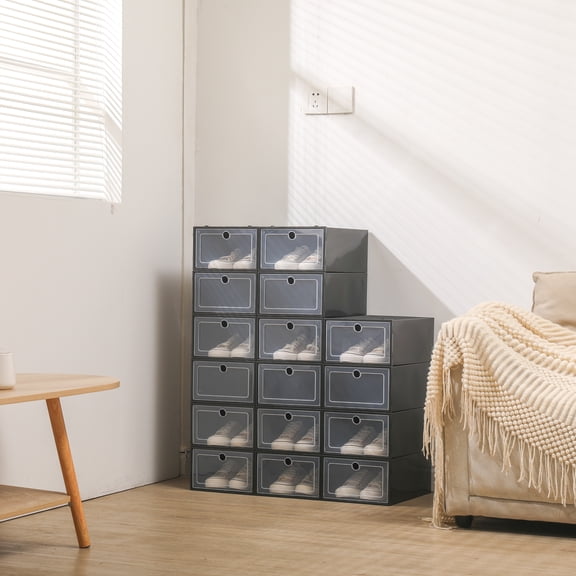 24-Pack Stackable Shoe Storage Boxes, Flip-Top Drawer Type with Clear Lids, Large Size with Round Holes, for Closet and Entryway Organization