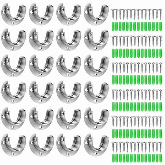 24 Pack Stainless Steel Closet Rod Brackets, U-Shaped Heavy Duty Flange Sockets for 1-1/4 Inch Rods, Rust-Proof Closet Rod Holders with Screws & Anchors | Wardrobe, Kitchen, Balcony