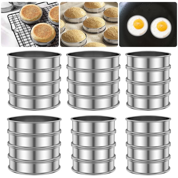 24Pack Stainless Steel Round Baking Rings, Double Rolled NonStick Cooking Molds, 2Size Circular Shaper Rings for Omelets, Burgers, Pastries & Homemade Baking