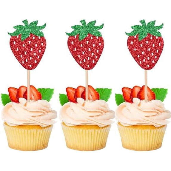 24 Pack Strawberry Cupcake Toppers Glitter Summer Sweet Fruit Berry ...