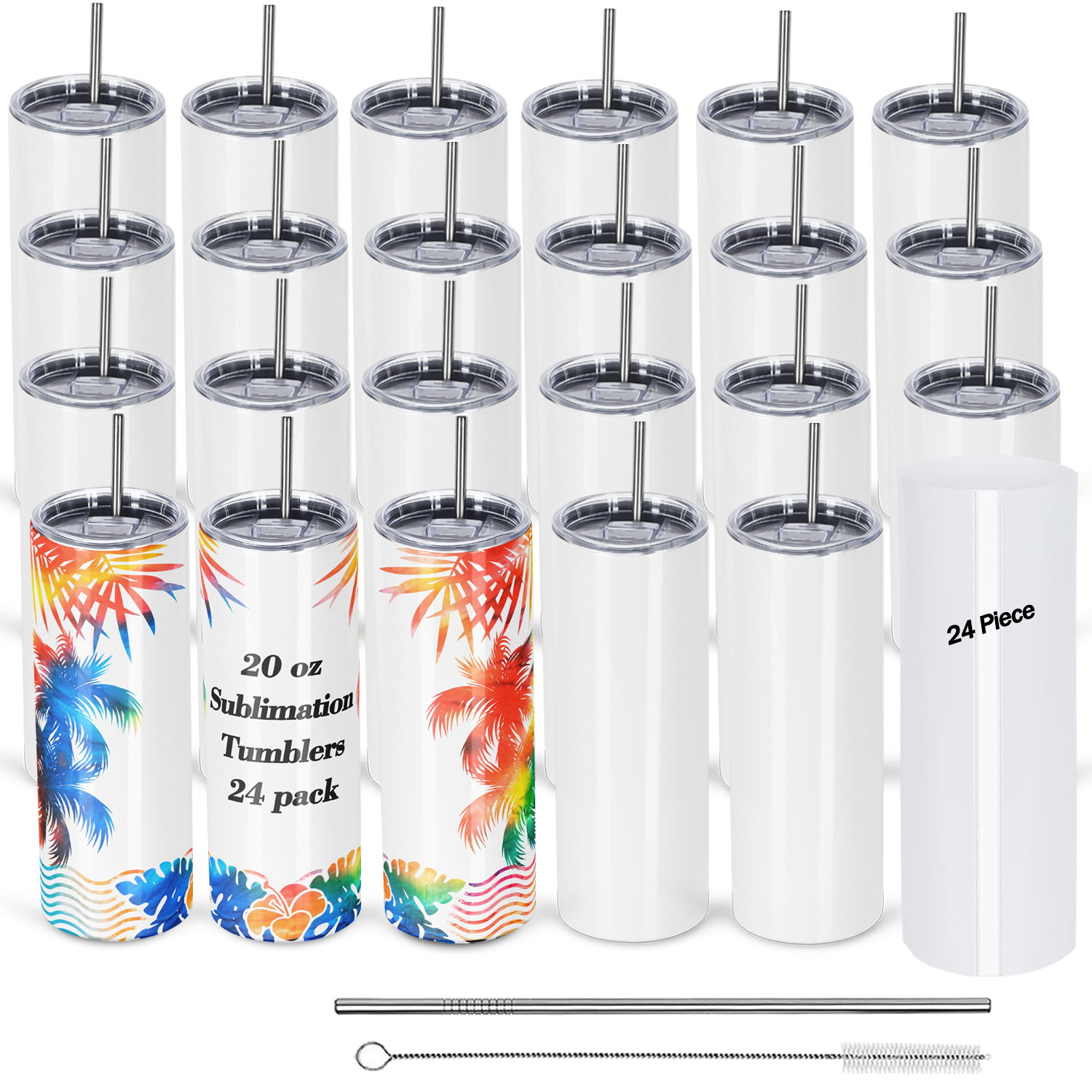 8 Pack 20oz Sublimation Skinny Tumbler Bulk, Stainless Steel Straight Blanks Kit with 8 Lids