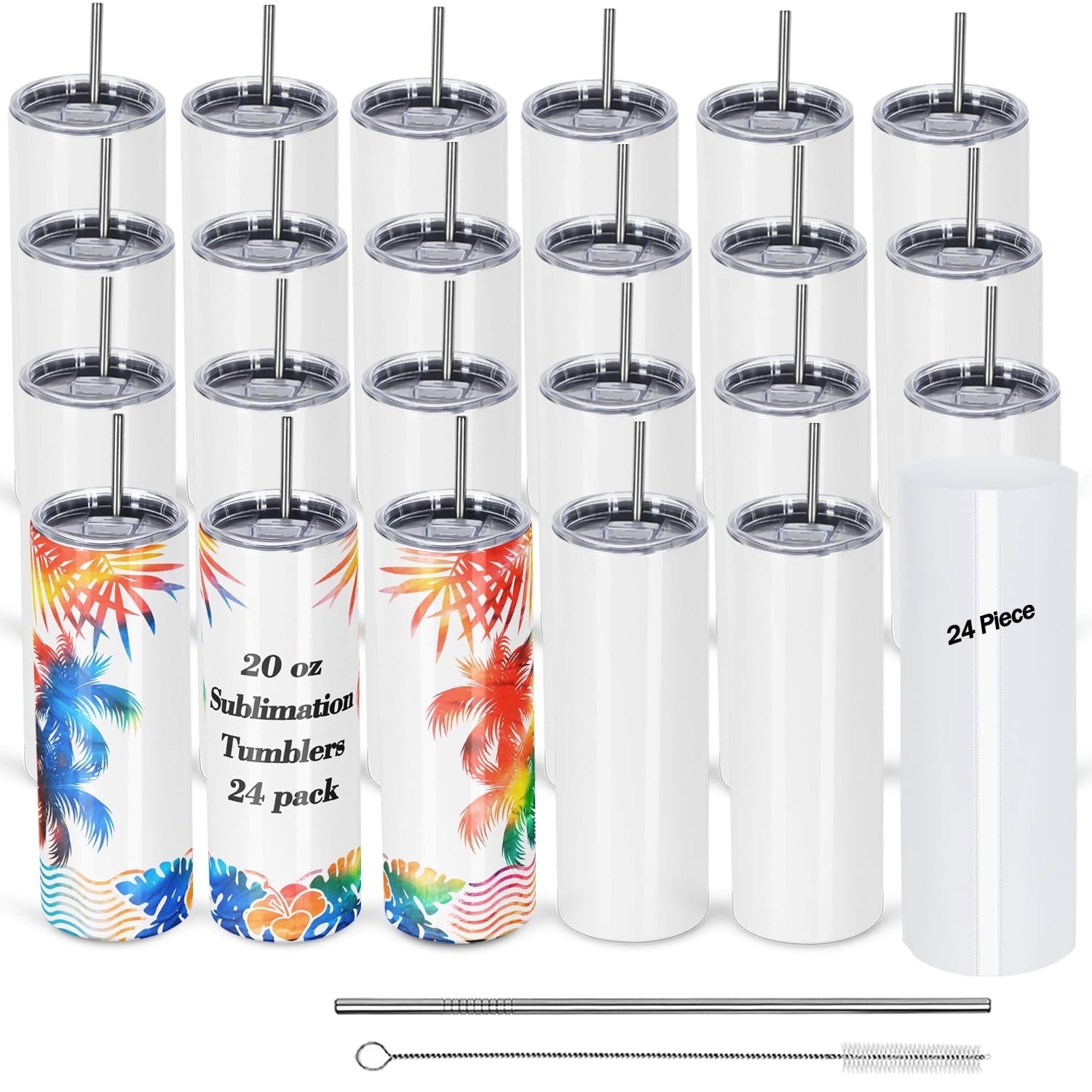 20 oz White Stainless Steel Insulated Travel Tumblers with Lids and Straws, 24 Pack