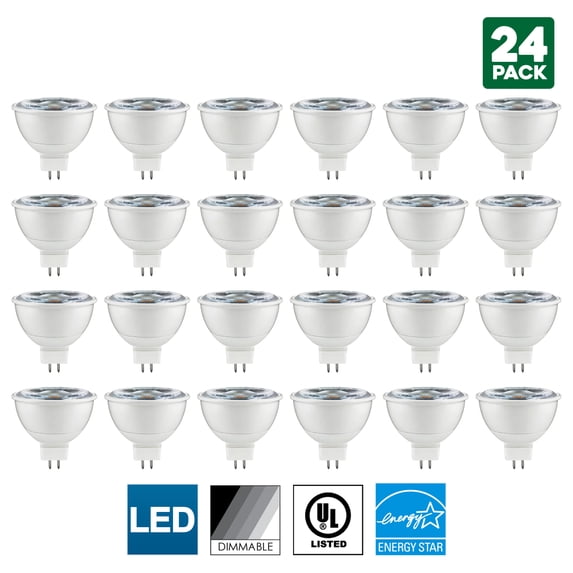 24 Pack Sunlite MR16 LED Bulb, 12 Volt, Mini Quartz Reflector, 7 Watt, 3000K Warm White, 600 Lumens, 80 CRI, GU5.3 Base, 25,000 Hour Long Life, Dimmable, UL Listed, Energy Star , 50W Equal, Cool Touch