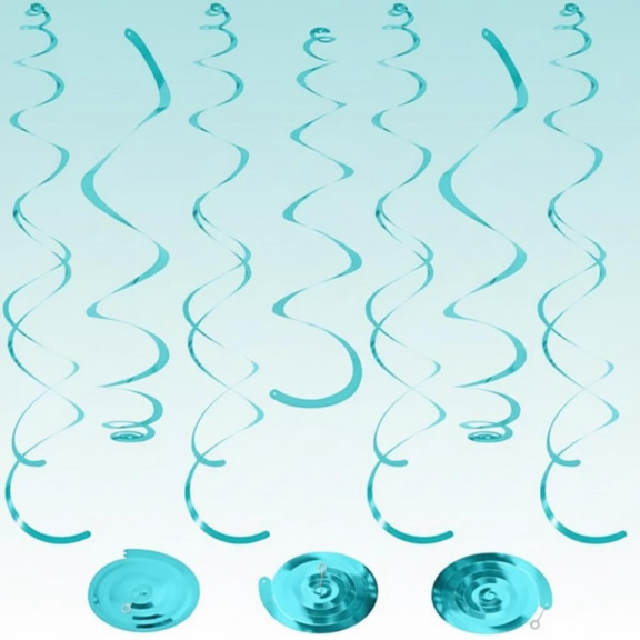 24 Pack Teal Hanging Swirl Decorations, Glitter Ceiling Streamers for Party, Double & Single Swirl Design for Birthday, Graduation, Easter, Baby Shower, Wedding, Holiday, and Indoor Celebration Decor