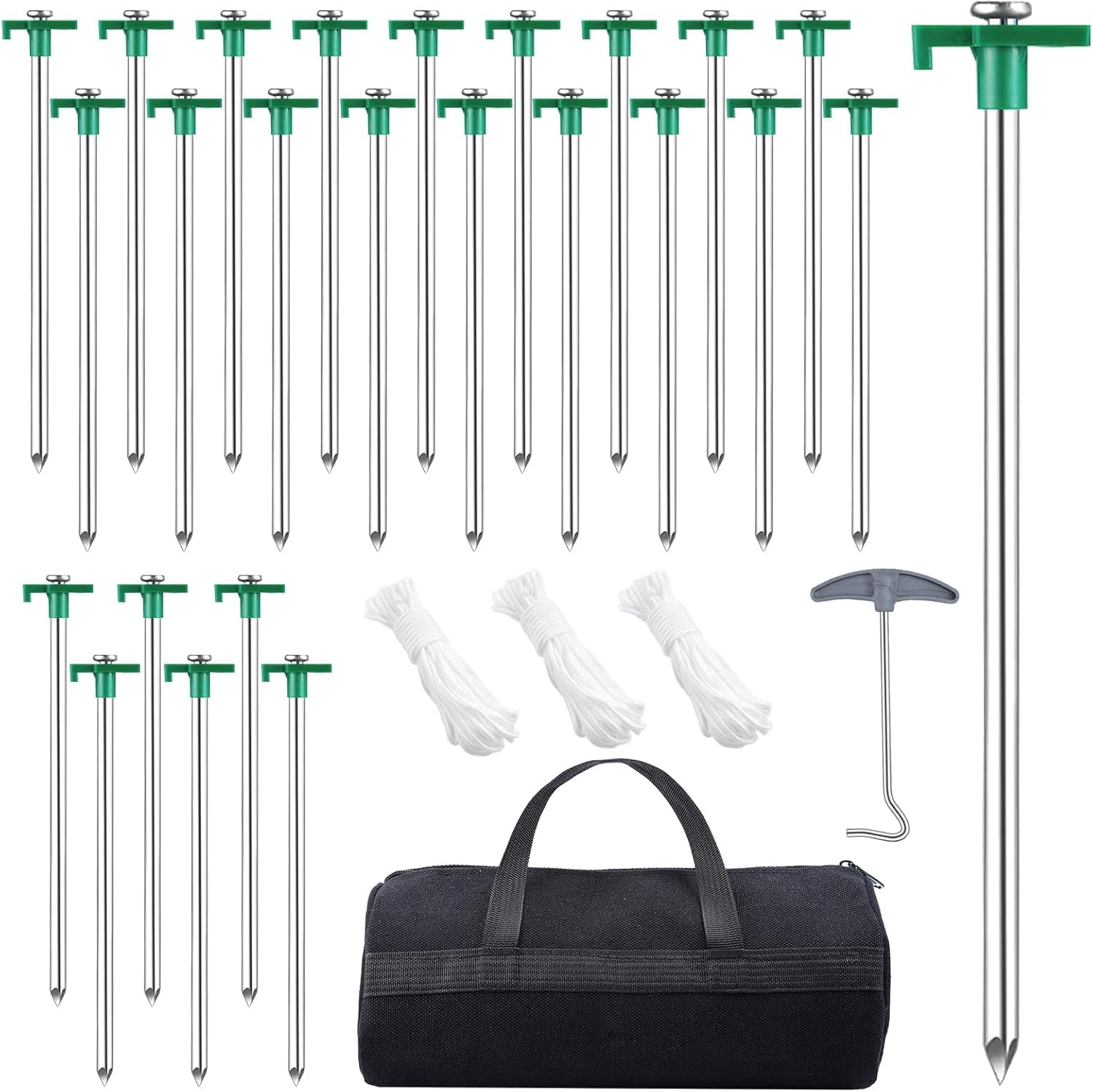 24 Pack Tent Stakes Heavy Duty, 9.8 Inch Camping Stakes, Non-Rust Metal Tent Pegs with 12 Pcs Rope and Storage Bags, Ground Stakes Tent Spikes for Camping Garden Outdoor Travel (Green)