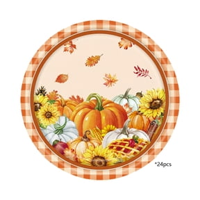 24-Pack Thanksgiving Themed 7-Inch Plates, Pumpkin and Maple Leaf Pattern Disposable Dinnerware, Party Supplies, Holiday Celebration Tableware for Family Gatherings
