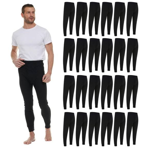 24 Pack Thermal Pants for Men, Long Johns Mens Underwear Bulk Wholesale, Cotton, Solid Colors, Shelter Donations (Black)