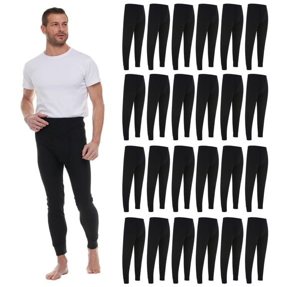 24 Pack Thermal Pants for Men, Long Johns Mens Underwear Bulk Wholesale, Cotton, Solid Colors, Shelter Donations (Black)