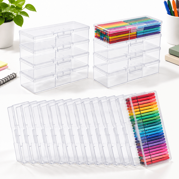 24 Pack Transparent Plastic Pencil Boxes with Lids, Office and Art Supply Storage Organizer