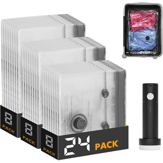 24 Pack Travel Vacuum Storage Bags for Clothing with Rechargeable Electric Pump, Compression Packing Cubes Organizer for Luggage Suitcase, Space Saver Seal Bags for Vacation Cruise