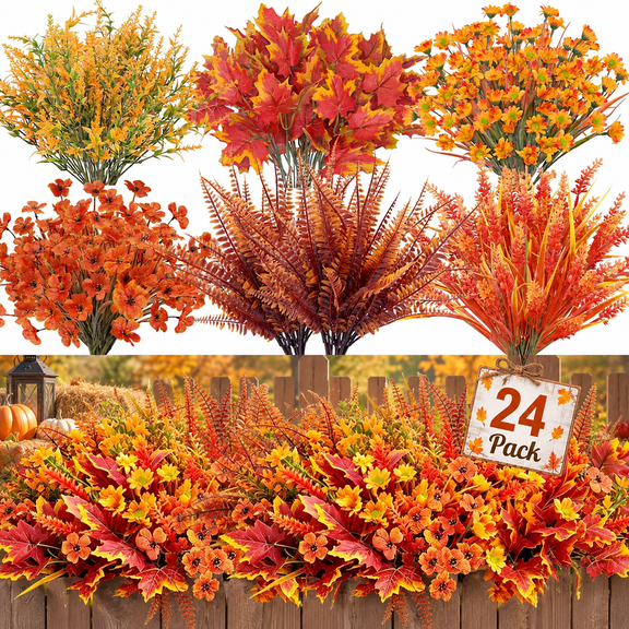24 Pack UV Resistant Artificial Fall Flowers Waterproof for Outside Garden Patio Porch Window Box Planter Decoration (6 Colors)