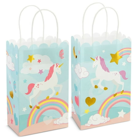 24 Pack Unicorn Party Favor Gift Bags with Handles, Pastel Rainbow Birthday Decorations (5.5 x 8.6 x 3 in)
