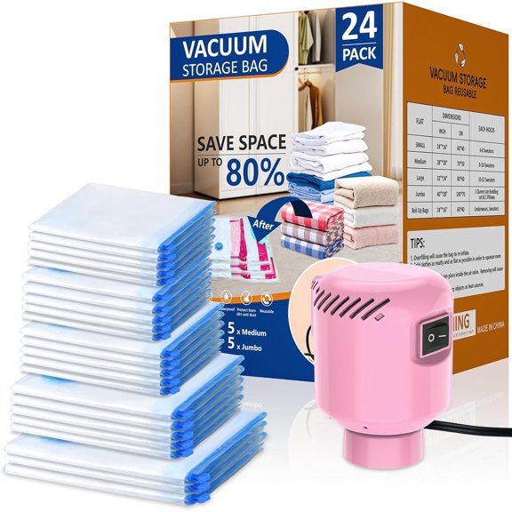 24 Pack Vacuum Storage Bags with Electric Pump, Space Saver Bags (5 , 5 Large, 5 Medium, 5 Small, 4 Roll Up Bags) Travel Vacuum Seal Bags for Clothes, Bedding,Blankets,Duvets, Pillows