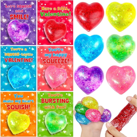 24 Pack Valentine Day Gifts for Classroom Valentines Cards with Heart Fidget Stress Balls for School Stretchy Ball Squeeze Toys Valentines for Class Exchange Gifts Party Favors