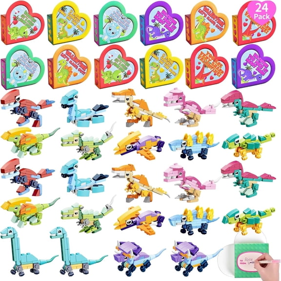 Fun Little Toys 24 Pack Valentine Cards for Kids Classroom, Non-Candy Gifts with Dinosaur Building Toys & Heart Boxes, Valentine Exchange Cards for School